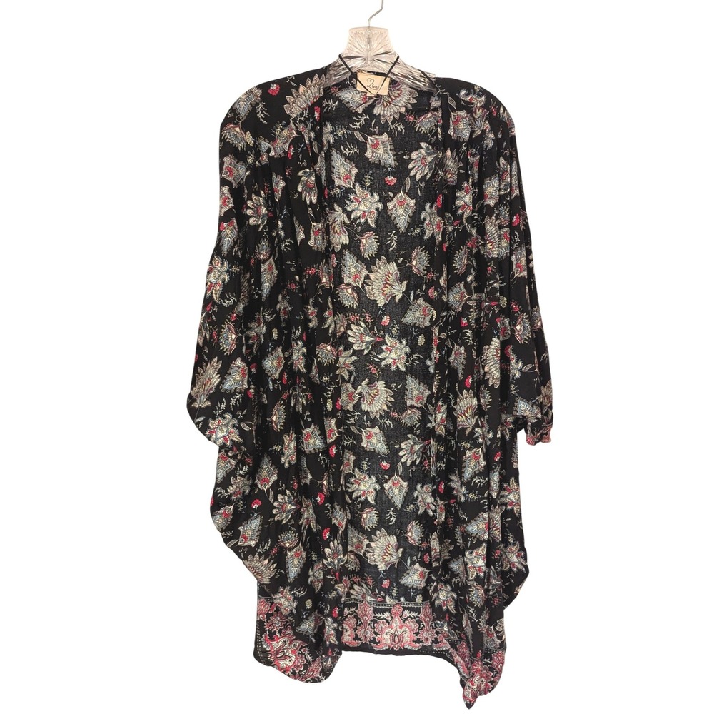 2Love Women Black Floral Paisley Open Front Kimono Cardigan Wrap Size M/L‎ Boho